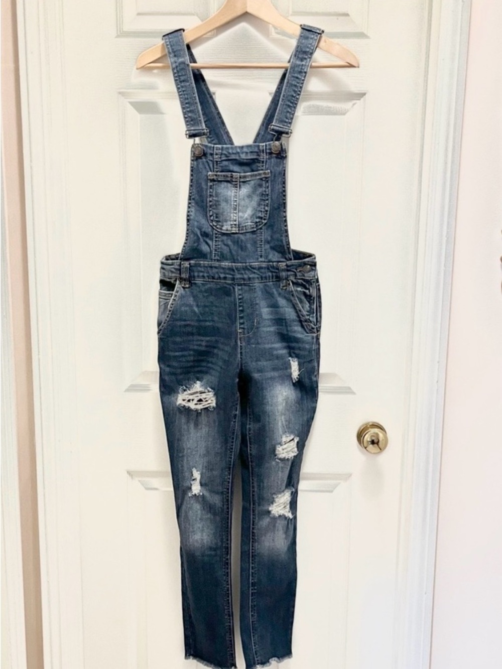 Distressed Denim Overalls Skinny Raw Hem Y2K Medium Wash Size S